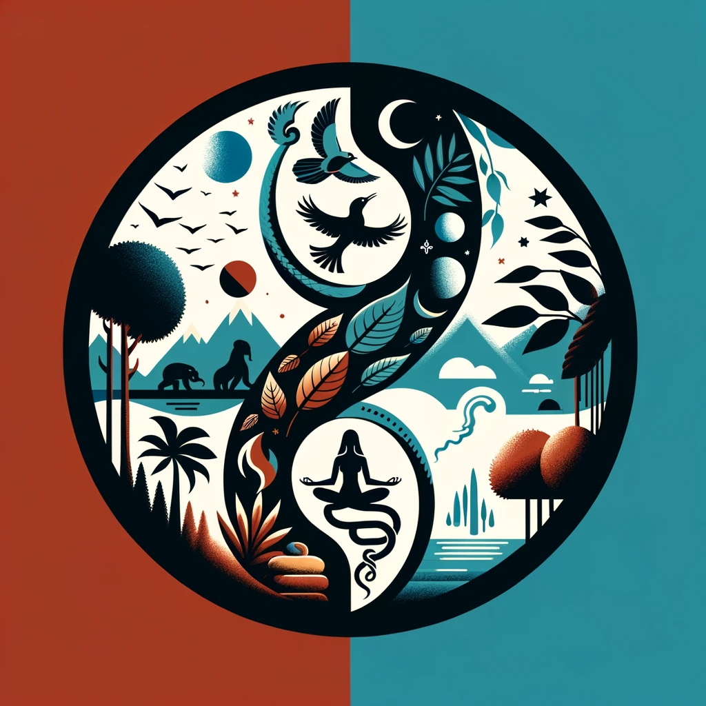 DALLE 2024 01 10 20.12.43   Conceptual logo design for Kaivala Yoga illustrating the theme of balance through contrasting elements. The logo should depict a bird and a snake 