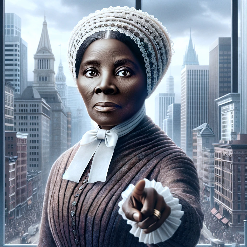 DALLE 2024 01 04 23.33.43 Create an image that depicts Harriet Tubman in an elegant and formal outfit suitable for a respectful gathering among close friends 1. She is looking a